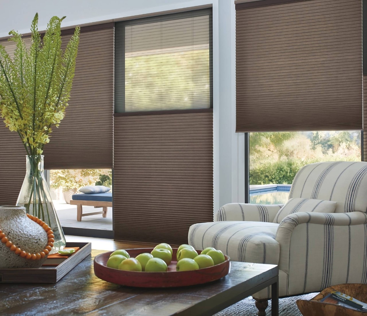 Hunter Douglas Duette® Cellular Shades, which are energy-efficient window treatments, on large living room windows at Blind King near Providence, RI
