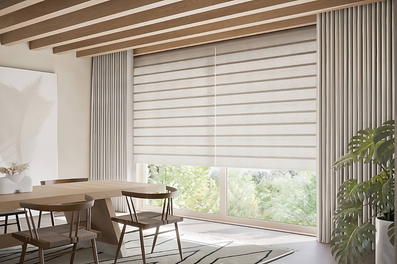 Stunning Hunter Douglas Vignette® Roman Shades on large windows in a neutral-themed dining room at Blind King near Providence, RI