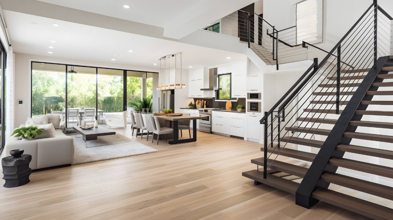 An open concept contemporary home featuring a combined kitchen and living room with wide stairs at Blind King near Providence, RI