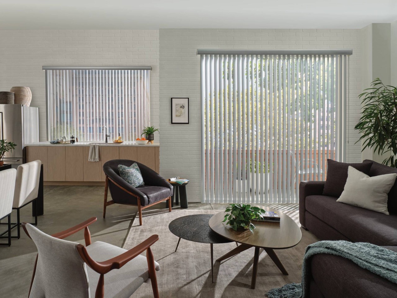 Hunter Douglas Somner® Vertical Blinds as window treatments for a sliding patio door in a modern interior at Blind King near Providence, RI